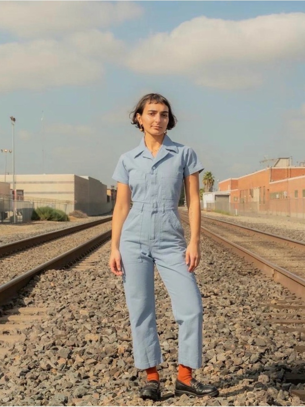 Big Bud Press Light Blue Short-Sleeve Cotton Jumpsuit